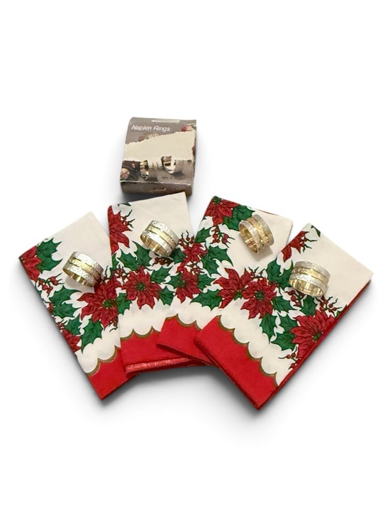 Vintage Other - Vintage Poinsettia Holiday Cloth Napkins with NIB Napkin Rings in Gold & Silver